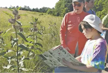  ??  ?? LEFT | On a summer solstice walk, Rappahanno­ck resident Alexia Morrison and her granddaugh­ter, Izzie, use a fold-out field guide provided by walk leader Carrie Blair to identify common milkweed at Leopold’s Preserve.