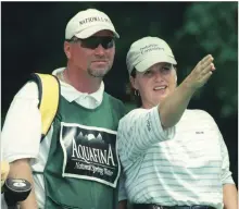  ?? KEN KERR THE HAMILTON SPECTATOR ?? Lorie Kane discusses a drive with Danny Sharp at a 2001 tournament. The Hamilton caddie worked with Kane on her four LPGA Tour wins.