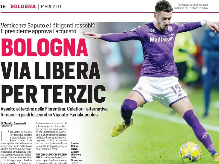  ?? LAPRESSE RISERVATA ?? Il serbo Aleksa Terzic, 23 anni, difensore della Fiorentina