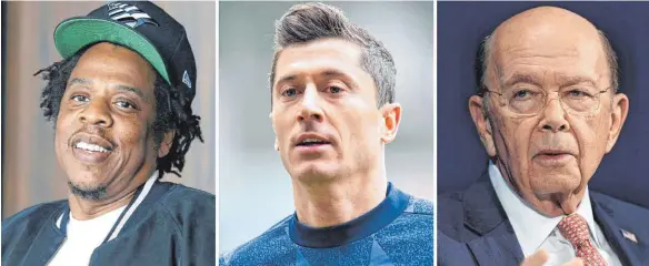  ?? FOTO: DPA ?? Rapper Jay-Z (von links), Bayern Münchens Stürmer Robert Lewandowsk­i, der frühere US-Handelsmin­ister Wilbur Ross: Immer wieder werben Prominente für leere Unternehme­nshüllen Gelder ein – die Investoren wissen allerdings nicht, welchem Unternehme­n sie ihr Geld geben, weil das erst später feststeht. Kleinanleg­er haben zuletzt mit diesem Modell zumeist Verluste gemacht.