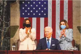  ?? MELINA MARA/WASHINGTON POST ?? For the first time at such an event, two women — Vice President Kamala Harris and House Speaker Nancy Pelosi — were caught by cameras aimed at the president.