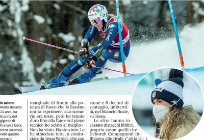  ?? (LaPresse, Getty Images) ?? In azione Marta Bassino, 24 anni, tra le porte del gigante di Kranjska Gora, terzo successo nelle quattro prove di specialità disputate nella stagione. A destra, sul podio