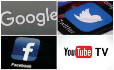  ?? THE ASSOCIATED PRESS ?? This photo combo of images shows, clockwise from upper left: a Google sign, the Twitter app, YouTube TV logo and the Facebook app. Facebook has taken the lion’s share of scrutiny from Congress and the media for its data-handling practices that allow...