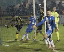  ??  ?? Ciaran O’Connor gives Harps a late lead. Pic: North West Newspix.