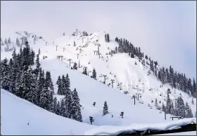  ?? (File Photo/AP/Palisades Tahoe/Blake Kessler) ?? A fresh snowfall is seen March 1 on a ski run at Palisades Tahoe ski resort.