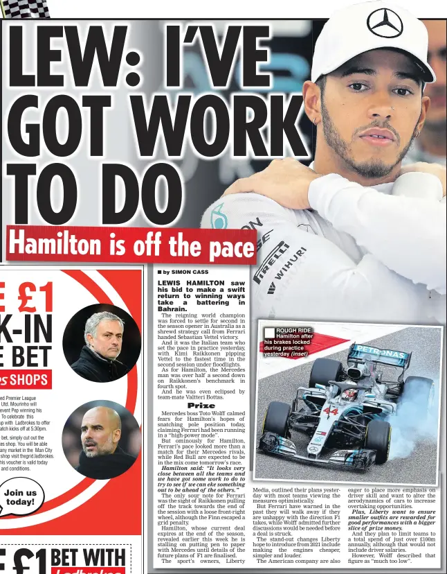  ??  ?? ROUGH RIDE: Hamilton after his brakes locked during practice yesterday (inset)