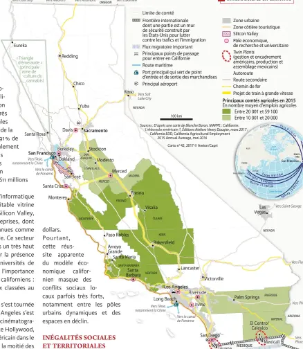  ??  ?? Vers Coos Bay Vers l’Asie, notamment la Chine Vers Medford
Vers le canal de Panama Vers Altamont Vers Lakeview Vers Salt Lake City
Sources : D’après une carte de Blanche Baron, MAPPE : Californie. L’eldorado américain ?, Éditions Ateliers Henry...