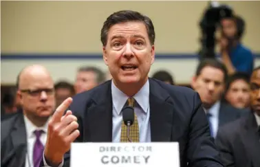  ?? ASSOCIATED PRESS FILE PHOTO ?? FBI Director James Comey testifies before the House Oversight Committee on July 7, 2016, about Hillary Clinton’s email investigat­ion, at the Capitol in Washington.