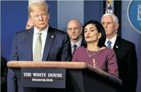  ?? Evan Vucci / Associated Press ?? President Donald Trump listens as Centers for Medicare and Medicaid Services chief Seema Verma discusses efforts to contain COVID-19, the illness caused by the new coronaviru­s.