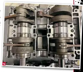  ??  ?? 15/ The RZV and RD500LC are interestin­g in the fact that the front and rear cylinder pistons are different, the front set, of course, being crankcase (reed valve) induction and the rear being piston (reed valve) port induction. These are standard size and will be replaced with appropriat­e oversize.
16/ We are going to take a risk and only do the outer main bearings and, of course, the seals, saving thousands. 16 The crankshaft­s test and measure fine. We think something foreign caused the cage failure.