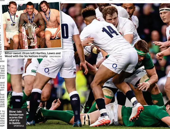  ?? SPORTSFILE DAVID ROGERS ?? Bitter-sweet: (from left) Hartley, Lawes and Wood with the Six Nations trophy Blow: Iain Henderson scores the vital try in Dublin