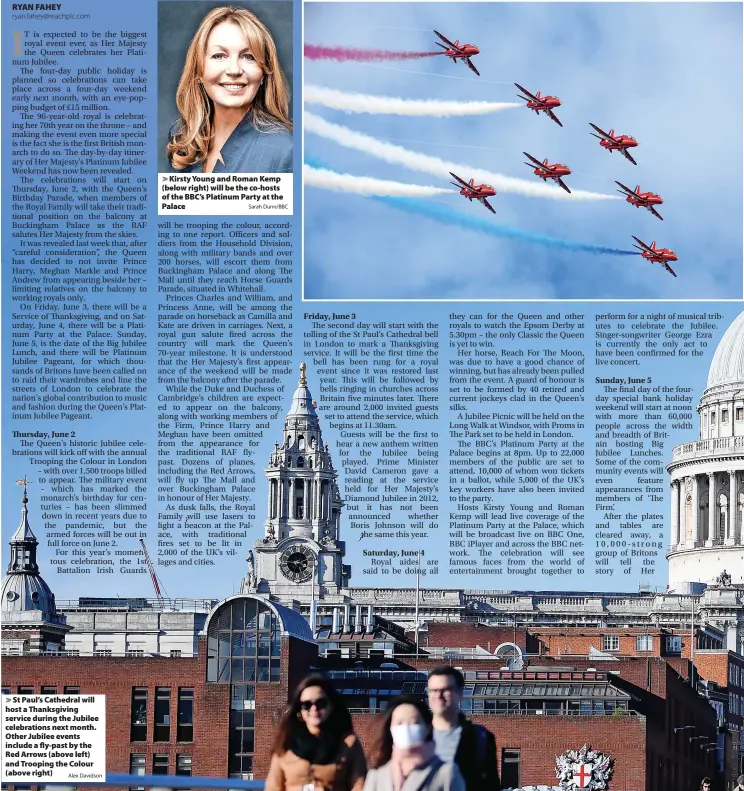  ?? Alex Davidson Picture by Rick Byrne ?? > St Paul’s Cathedral will host a Thanksgivi­ng service during the Jubilee celebratio­ns next month. Other Jubilee events include a fly-past by the Red Arrows (above left) and Trooping the Colour (above right)