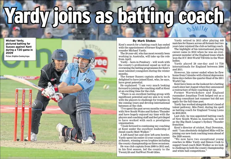  ?? Picture: Brighton Evening Argus ?? Michael Yardy, pictured batting for Sussex against Kent during a T20 game in 2009