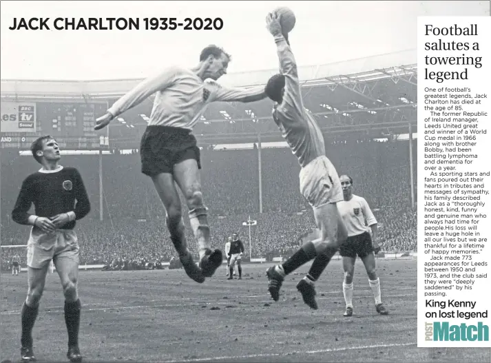  ??  ?? Jack Charlton challenges keeper Billy Brown for a high ball against Scotland at Wembley in 1965 as Billy McNeill and his brother Bobby look on. The game ended 2-2