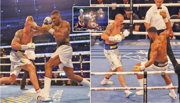  ?? The Sun ?? Left Photo: Oleksandr Usyk trade blows with Anthony Joshua on his way to a unanimous points win at the Tottenham Hotspur Stadium in London on September 25, 2021. Top Photo: Usyk with the WBA, WBO and IBF belts. Right Photo: Usyk moves in as Joshua struggles to stay on his feet. Photo: