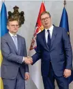  ?? AFP ?? Serbian President Aleksandar Vucic, right, shakes hands with Ukraine’s Foreign Minister Dmytro Kuleba, left, in Belgrade, Serbia, Monday.