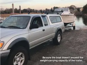  ??  ?? Be sure the boat doesn’t exceed the weight-carrying capacity of the trailer.