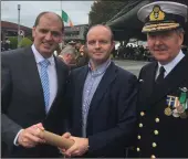  ??  ?? Minister of Defence Paul Kehoe with Niall Lucey, a nephew of the late Kerry footballer and Jadotville survivor Jimmy Lucey, and Chief of Staff of the Defence Forces Mark Mellett at the recent commemorat­ion ceremony in Athlone.