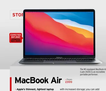  ??  ?? EXPECTED SEP 2021
UPDATED NOV 2020
The M1-equipped MacBook Air (Late 2020) is an incredible portable performer.