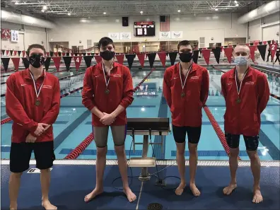  ?? COURTESY OJR SWIM & DIVE ?? Owen J. Roberts 400free relay team of, from left, Will Cano, Jonah Kasznay and Nathan VanNatter Dalton Fink pose with their bronze medal trophies during the District 1-3A championsh­ip on Feb. 27.