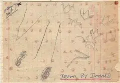  ??  ?? ABOVE: Piece of paper, allegedly written on by Donald. The pencil marks show the Roman numerals VII, an Arabic numeral 7 and seven fleur-de-lis.