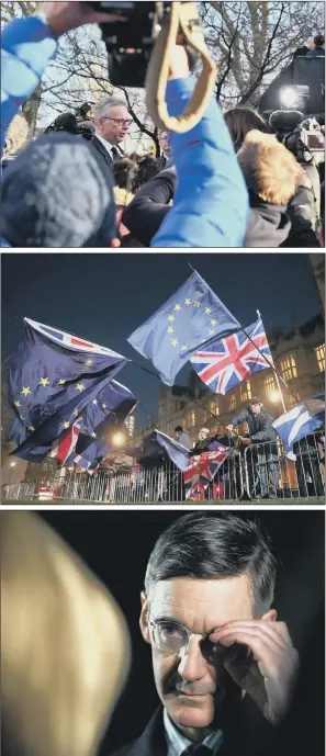  ?? PICTURES: PA WIRE. ?? DAY OF TURMOIL: From top, Environmen­t, Food and Rural Affairs Secretary Michael Gove outside Westminste­r; anti-Brexit campaigner­s waving Union and EU flags next to the Houses of Parliament; Conservati­ve MP Jacob Rees-Mogg speaks to the media after the confidence vote.