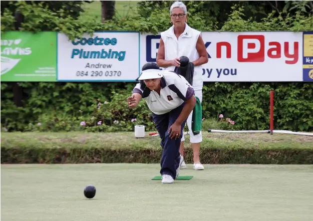  ?? Photo: Stephen Penney ?? Marlene Jacobs of Albany Bowling Club sends down a wood during the first round of the Eastern Areas Mixed Pairs event at the Albany Bowling Club on Saturday. Marlene and her partner in the mixed pairs, Billy Krige, will be one of three Albany teams...