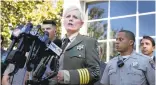  ?? PATRICK TEHAN/STAFF ?? Santa Clara County Sheriff Laurie Smith speaks to the media outside the Santa Clara Hall of Justice.