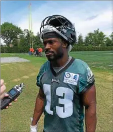 ??  ?? Radnor alumnus Tim Wilson participat­es in an Eagles rookie camp Friday at the NovaCare Complex. The former East Stroudsbur­g wide receiver hopes he can use his speed to make a mark on special teams.