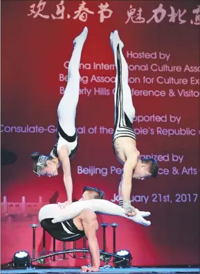  ?? PROVIDED TO CHINA DAILY ?? Acrobats give an award-winning performanc­e to overseas audiences in California during the traditiona­l Chinese culture promotiona­l tour in January.