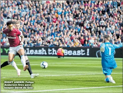 ?? Main picture: MATTHEW CHILDS ?? RIGHT ANDER: Felipe Anderson fires past keeper David de Gea