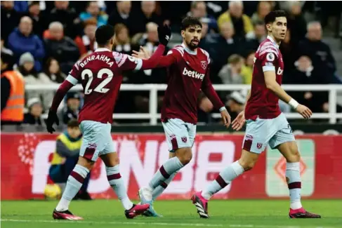  ?? (Getty) ?? Lucas Paqueta ce l ebrates after scoring against Newcast l e yesterday