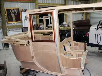  ??  ?? A joint effort between Nigel Fraser and Neil Carter, this is the body of a mid 1900s ArrolJohns­ton and was built from scratch from two photos by Neil. Nigel has the task of painting it. The finished car will then return to its native Scotland