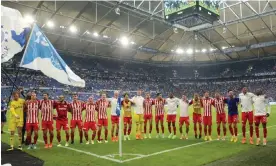  ?? ?? Union Berlin players celebrate after the rout of Schalke. Photograph: Christof Köpsel/ Getty Images