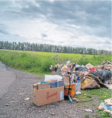  ??  ?? Rubbish dumped on Bonnyton Road, between Auchterhou­se and Newtyle, has identified several businesses from parts of Dundee.