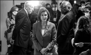  ?? OLIVER CONTRERAS / THE NEW YORK TIMES ?? Speaker of the House Nancy Pelosi, D-calif., speaks with reporters Friday at the Capitol in Washington.