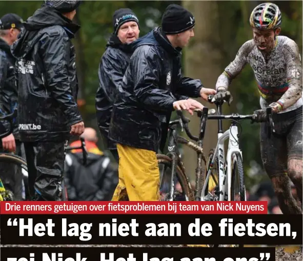  ?? FOTO BELGA ?? Wout van Aert doet een fietswisse­l, maar krijgt wel opnieuw een ‘trage’ fiets aangereikt.