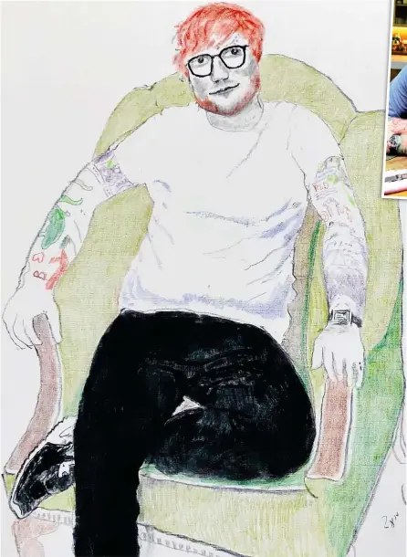  ??  ?? Charcoal and crayon: Hockney’s image of Ed Sheeran, unveiled in Los Angeles this week
