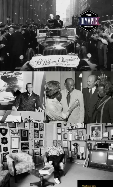  ??  ?? Clockwise from
top: Owens in a parade held in New York after the 1936 Games; 1976, First Lady Betty Ford admires Owens’ Medal of Freedom, while President Ford looks on; Owens at home in 1975; in 1942, when he was US national coordinato­r of racial activities