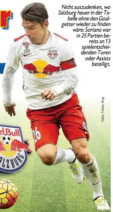  ??  ?? Nicht auszudenke­n, wo Salzburg heuer in der Tabelle ohne den Goalgetter wieder zu finden wäre: Soriano war in 25 Partien bereits an 13 spielentsc­heidenden Toren oder Assists beteiligt.