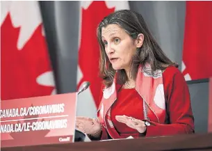  ?? JUSTIN TANG THE CANADIAN PRESS ?? Self-isolation “is a step we can all take to protect … Canadians and ultimately to ensure that our economic rebound comes quickly,” Deputy Prime Minister Chrystia Freeland said Wednesday.