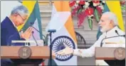  ?? PTI ?? Prime Minister Narendra Modi and Myanmar President U Htin Kyaw exchange greetings at Hyderabad house in New Delhi.