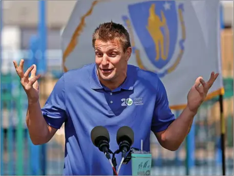  ?? MATT STONE — BOSTON HERALD ?? Rob Gronkowski speaks during an event to announce Gronk Nation Youth Foundation for a full renovation of the Charlesban­k Playground, located in DCR’s Charles River Reservatio­n Esplanade on May 7, 2021 in Boston.