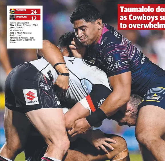  ?? Picture: GETTY ?? Simon Mannering of the Warriors is tackled by John Asiata and Jason Taumalolo of the Cowboys during the round 20 NRL match between the North Queensland Cowboys and the New Zealand Warriors at 1300SMILES Stadium last night