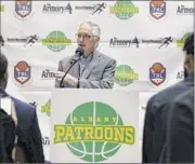  ?? Will Waldron / Times Union ?? The Albany Patroons’ new owner, Schenectad­y chiropract­or Tim Maggs, speaks during a media event on Sept. 4 at the Washington Avenue Armory in Albany.