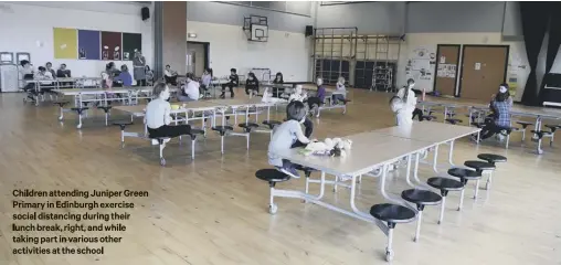  ??  ?? Children attending Juniper Green Primary in Edinburgh exercise social distancing during their lunch break, right, and while taking part in various other activities at the school