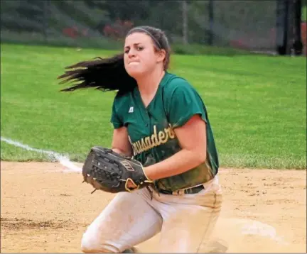  ?? GENE WALSH — DIGITAL FIRST MEDIA ?? Lansdale Catholic’s Taylor Molettiere fields a hard ground ball during LC’s PCL semifinal against St. Hubert at Arcadia University Tuesday.