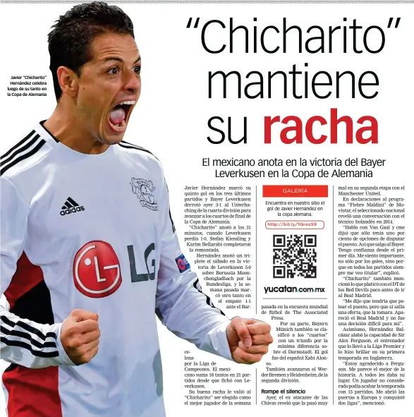  ??  ?? Javier “Chicharito” Hernández celebra luego de su tanto en la Copa de Alemania