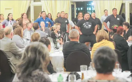  ??  ?? Past students perform a rousing haka after former principal Richard Schumacher speaks at Flaxmere College’s 25th reunion. Eighty students and staff attended the reunion celebratio­ns marking the first 25 years of the College (1993-2018).