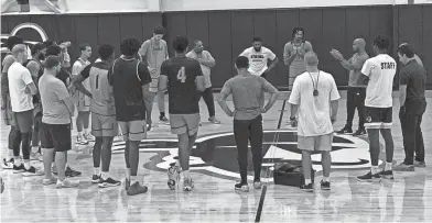  ?? JERRY CARINO ?? Seton Hall basketball coach Shaheen Holloway (right, arms extended) addresses his players following the opening practice of the 2023-24 season